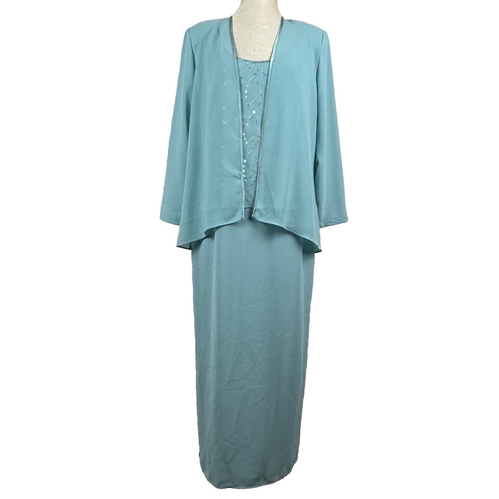 Patra Dress Topper Set Women 12 Aqua Blue Sequin Floral Maxi Mother of the Bride
